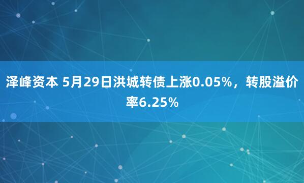 泽峰资本 5月29日洪城转债上涨0.05%，转股溢价率6.25%